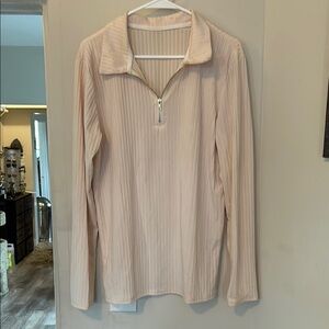 Beige Ribbed Long Sleeve Top with Zipper
